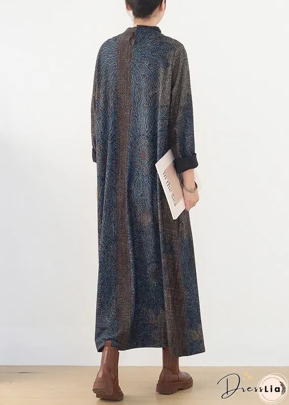 Winter Blue Prints Retro Loose Large Size Dress