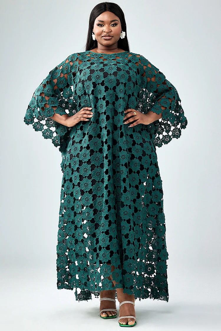 Xpluswear Design Plus Size Semi Formal Dress Emerald Green See-Through Lace Maxi Dress
