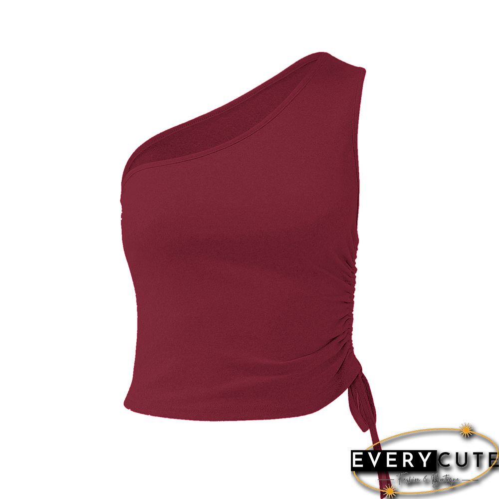 Wine Red Side Drawstring One Shoulder Crop Vest