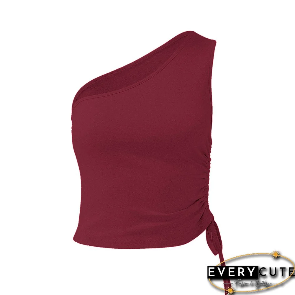 Wine Red Side Drawstring One Shoulder Crop Vest