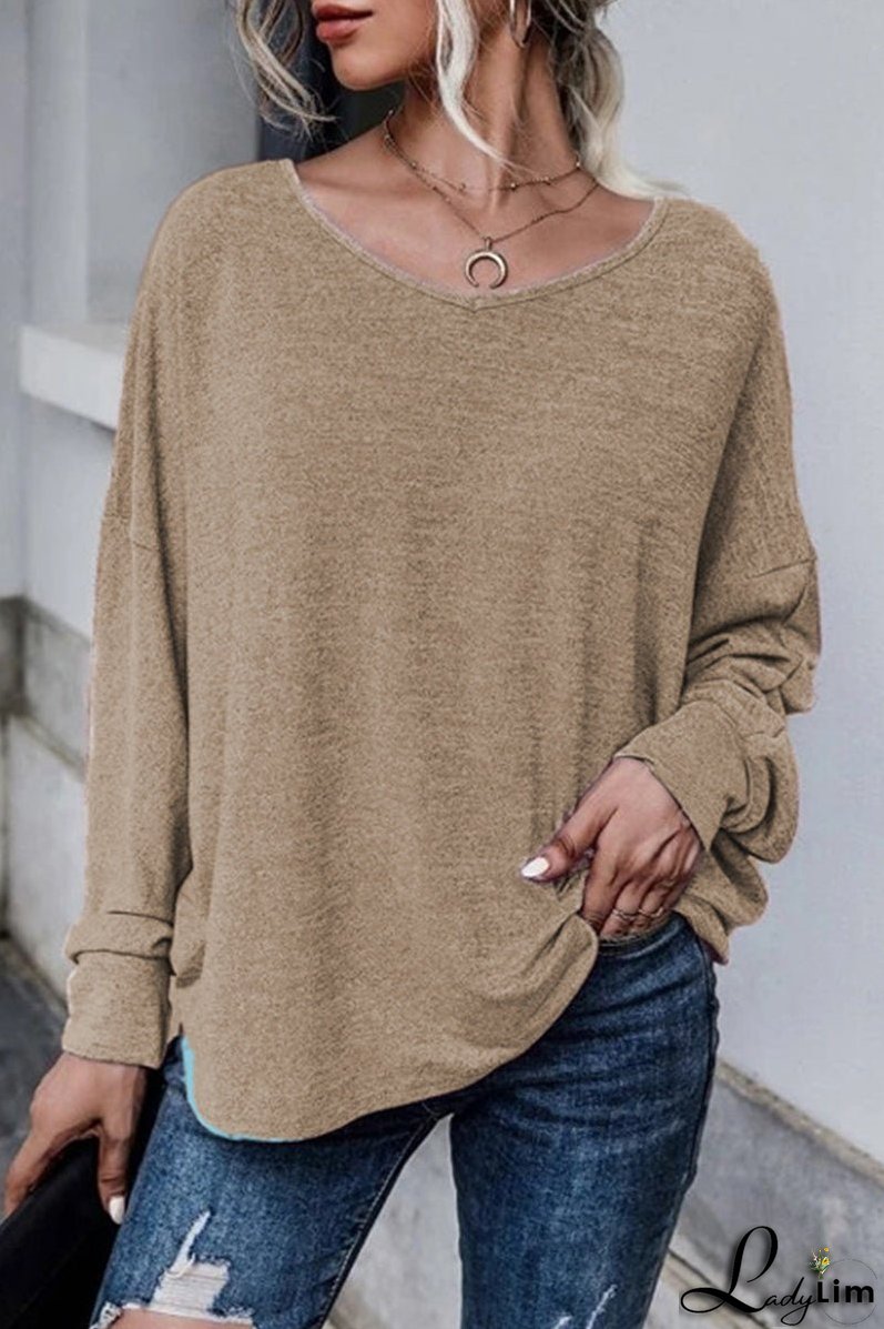 Casual Frenulum Solid Color O Neck Tops(4 Colors)