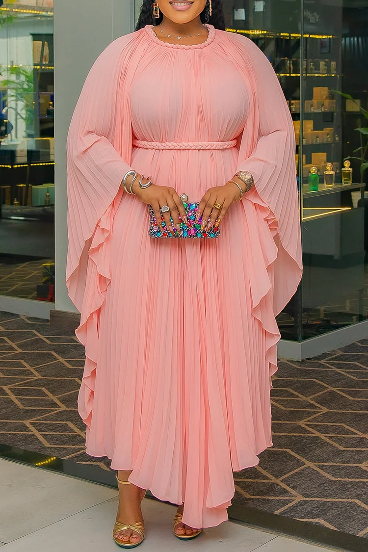 Plus Size Wedding Guest Pink Round Neck Batwing Sleeve Long Sleeve Pleated Irregular Hem Chiffon Maxi Dresses 2024 - Xpluswear
