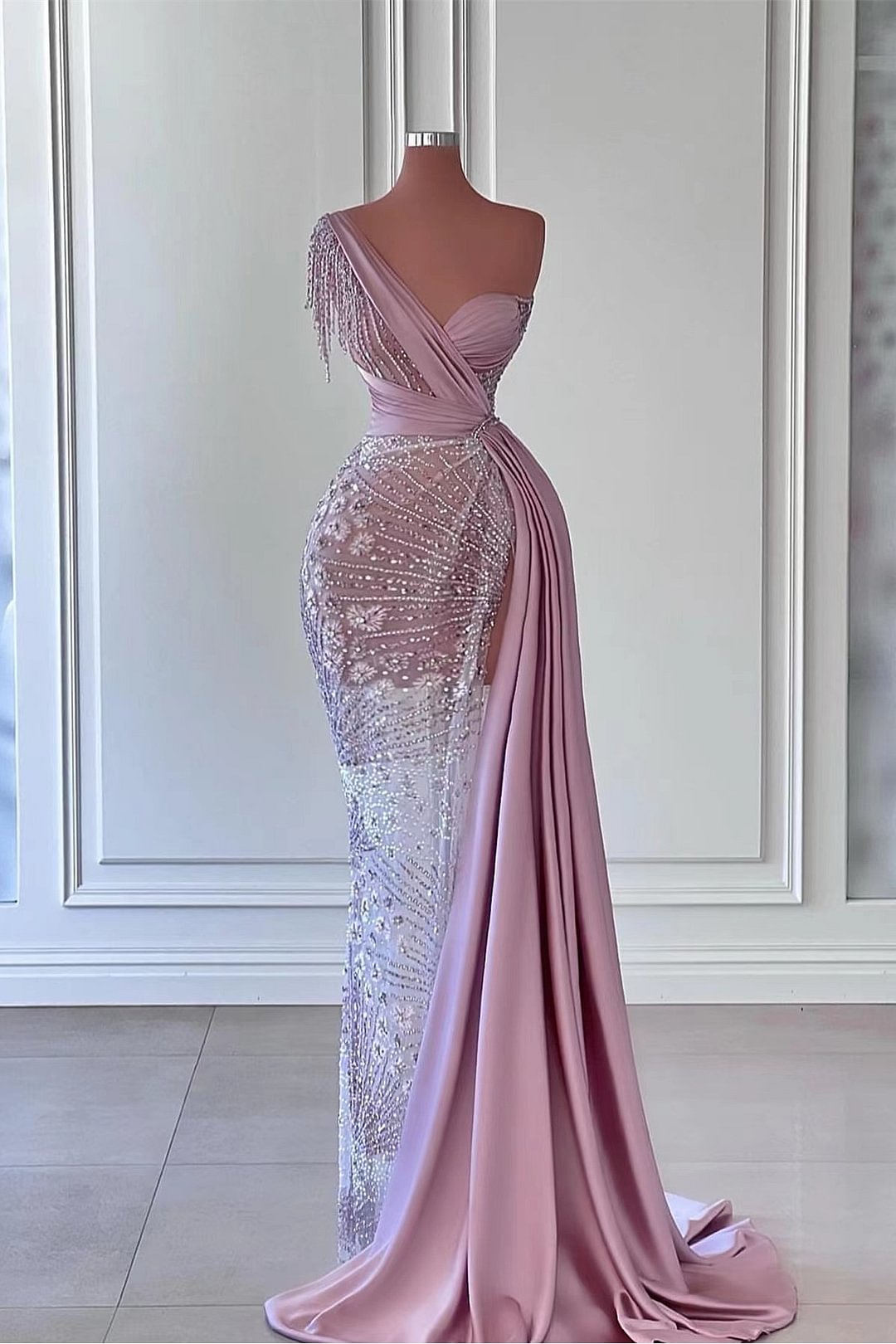 Wunderschöne ein Schulter Schlitze Meerjungfrau Abendkleid mit Perlen JT0003 Lunass