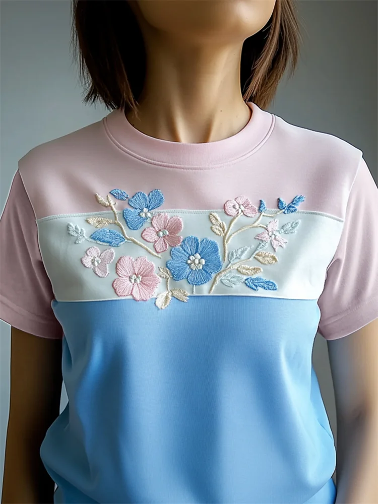 Floral Embroidered Transgender Colorblock T Shirt