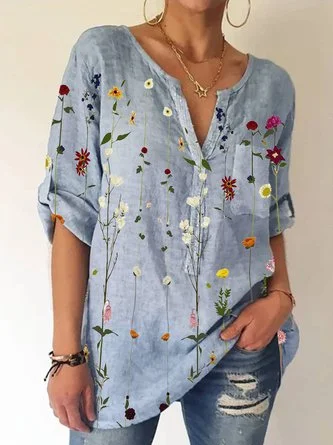 Women's cotton and linen flower holiday shirt