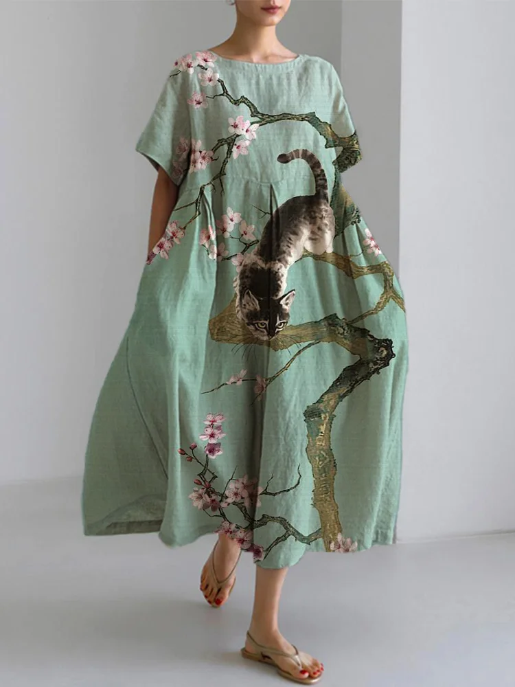 Comstylish Japanese Art Plum Blossom Cat Print Dress