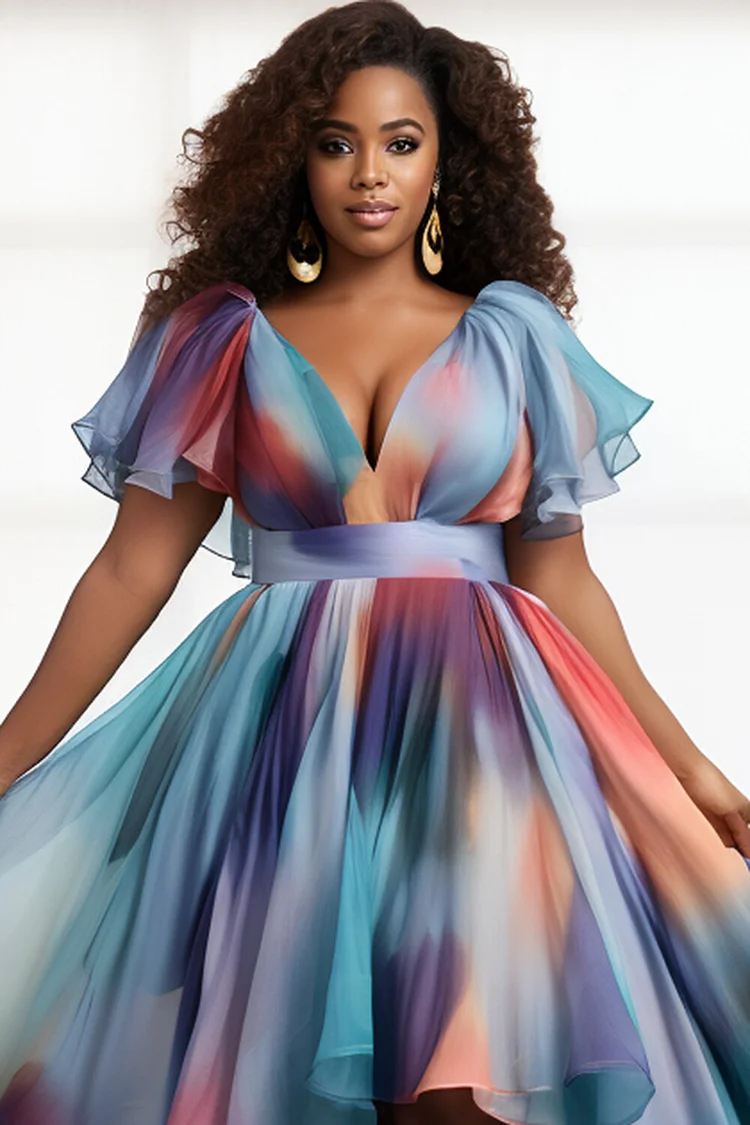 Xpluswear Design Plus Size Formal Blue Elegant All Over Print V Neck Short Sleeve High Low Hem Organza Maxi Dresses