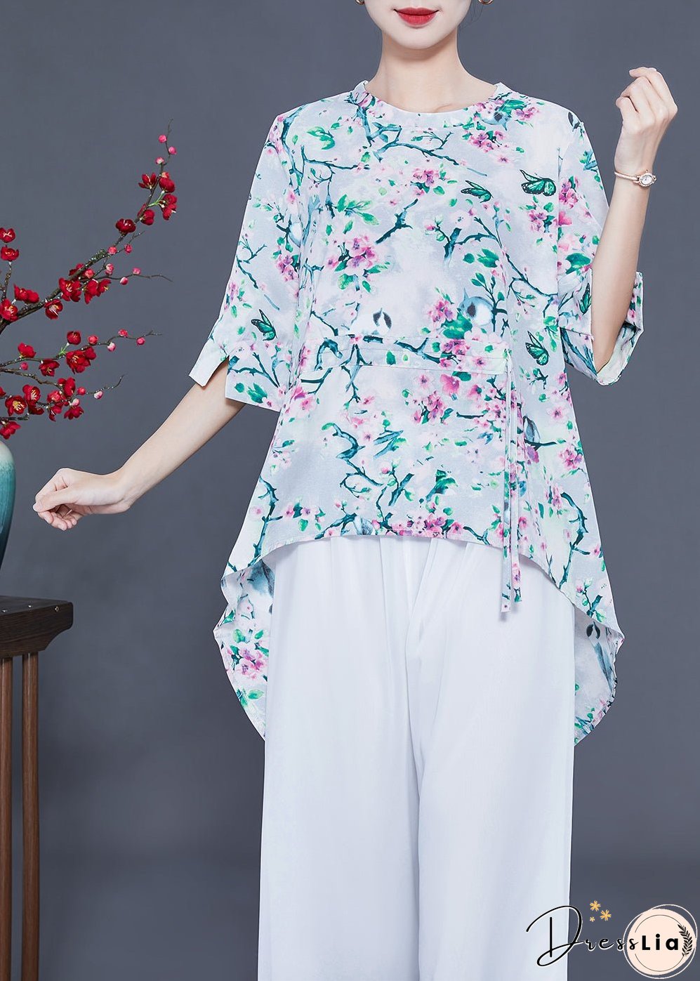 Modern Oversized Low High Design Side Open Chiffon Silk Tops Summer