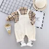 Kid Baby Boys Cartoon Plaid Tops Bib 2Pcs Tracksuits Set