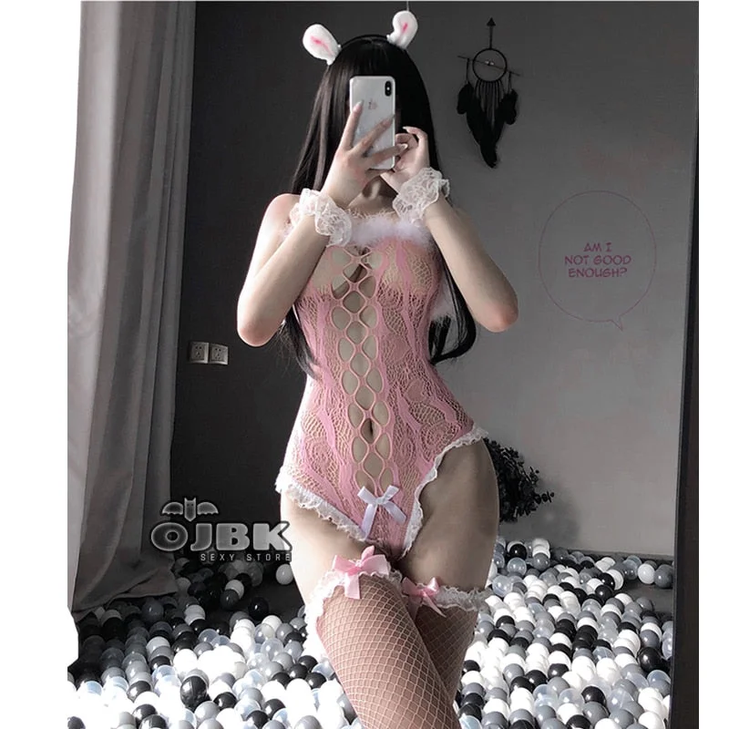 OJBK Anime Cosplay Costumes Black Pink Lace Bunny Cosplay Bustier Fishnet Bodysuit with Stocking See Through Jumpsuit New 2020
