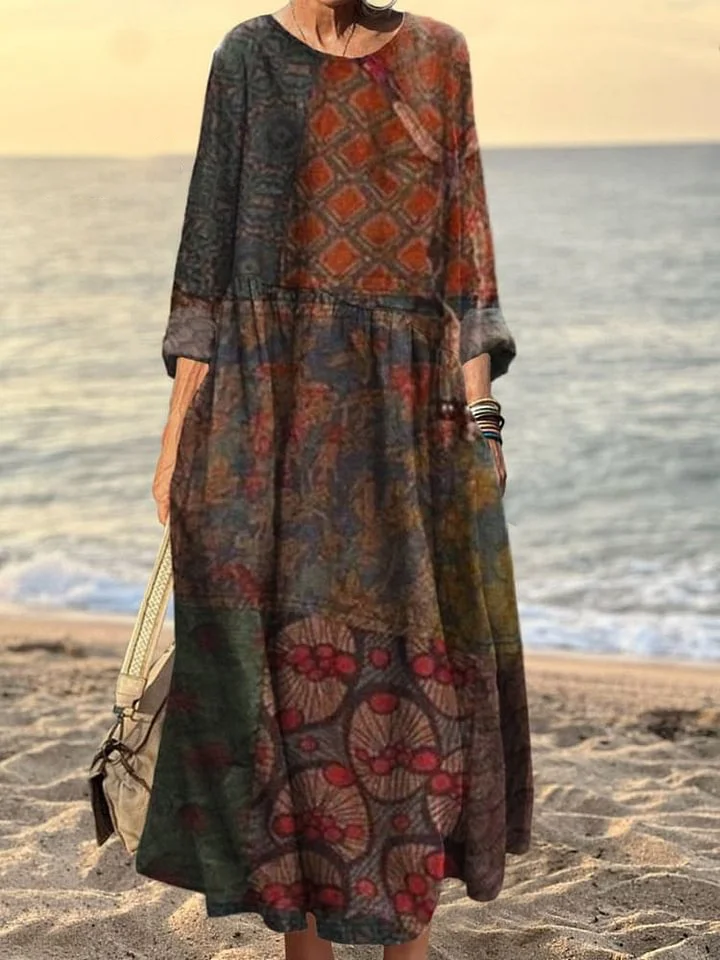 Women's Vintage Patchwork Art Print Pocket Cotton Dress