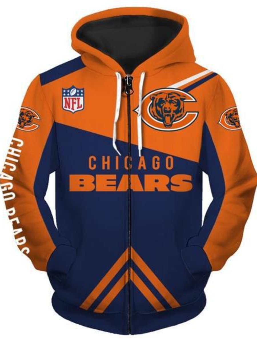 Men Chicago Bears Hoodie 3D Floral Zipper NFL Hooded Sweatshirt