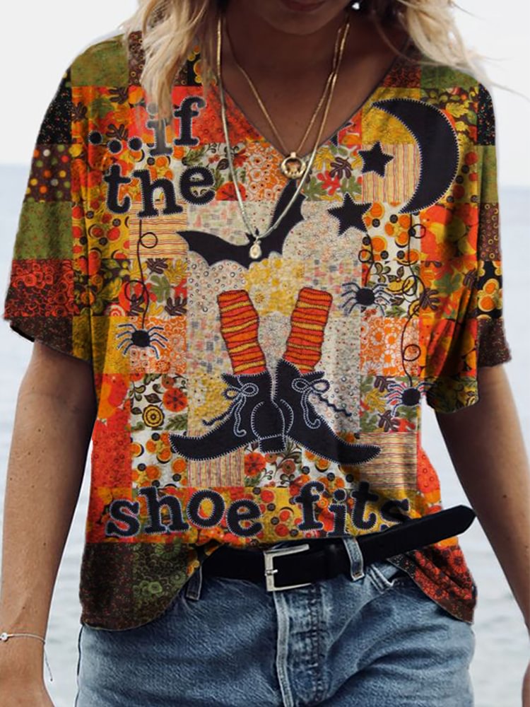 Vefave Halloween If The Shoe Fits Patchwork Print T Shirt
