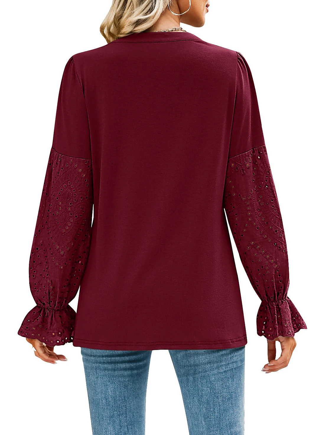 MIHOLL Women V Neck Long Sleeve Shirt Lace Crochet Loose Casual Top Blouse