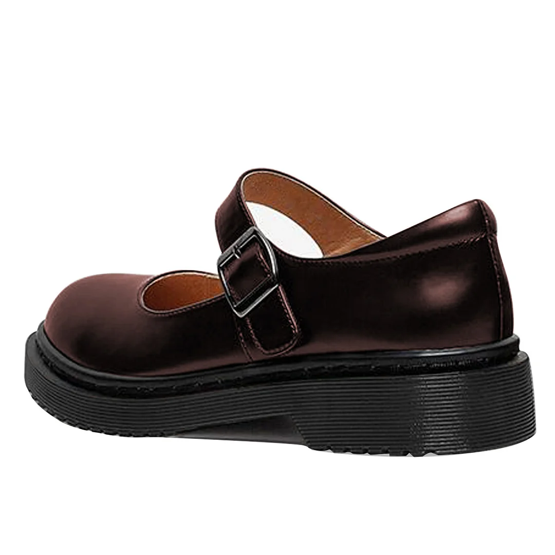 Shiny Vegan Leather Round Toe Comfy Formal Mary Jane Shoes in Brown