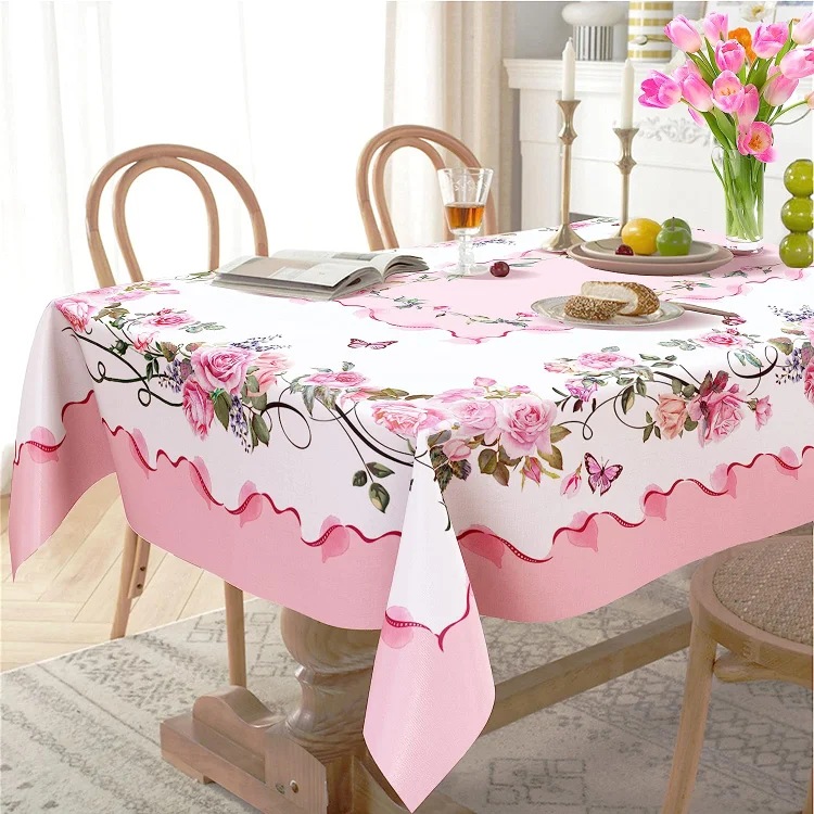 Spring Pink Rose Flower Rectangle Tablecloth Wedding Decoration Waterproof Floral Tablecloth Holiday Kitchen Party Decorations