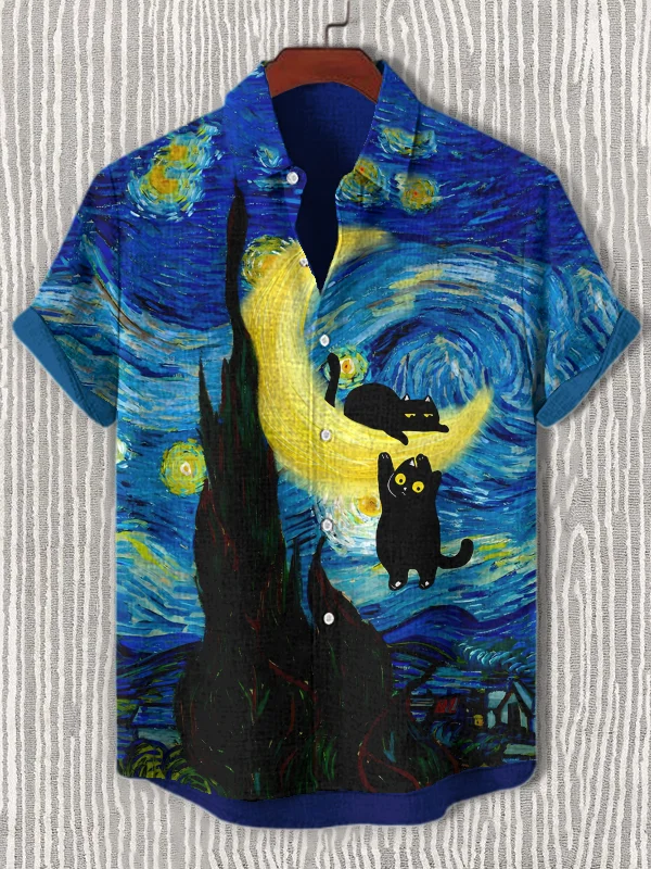 Men's Black Cats Starry Sky Art Print Casual Short Sleeve Shirt