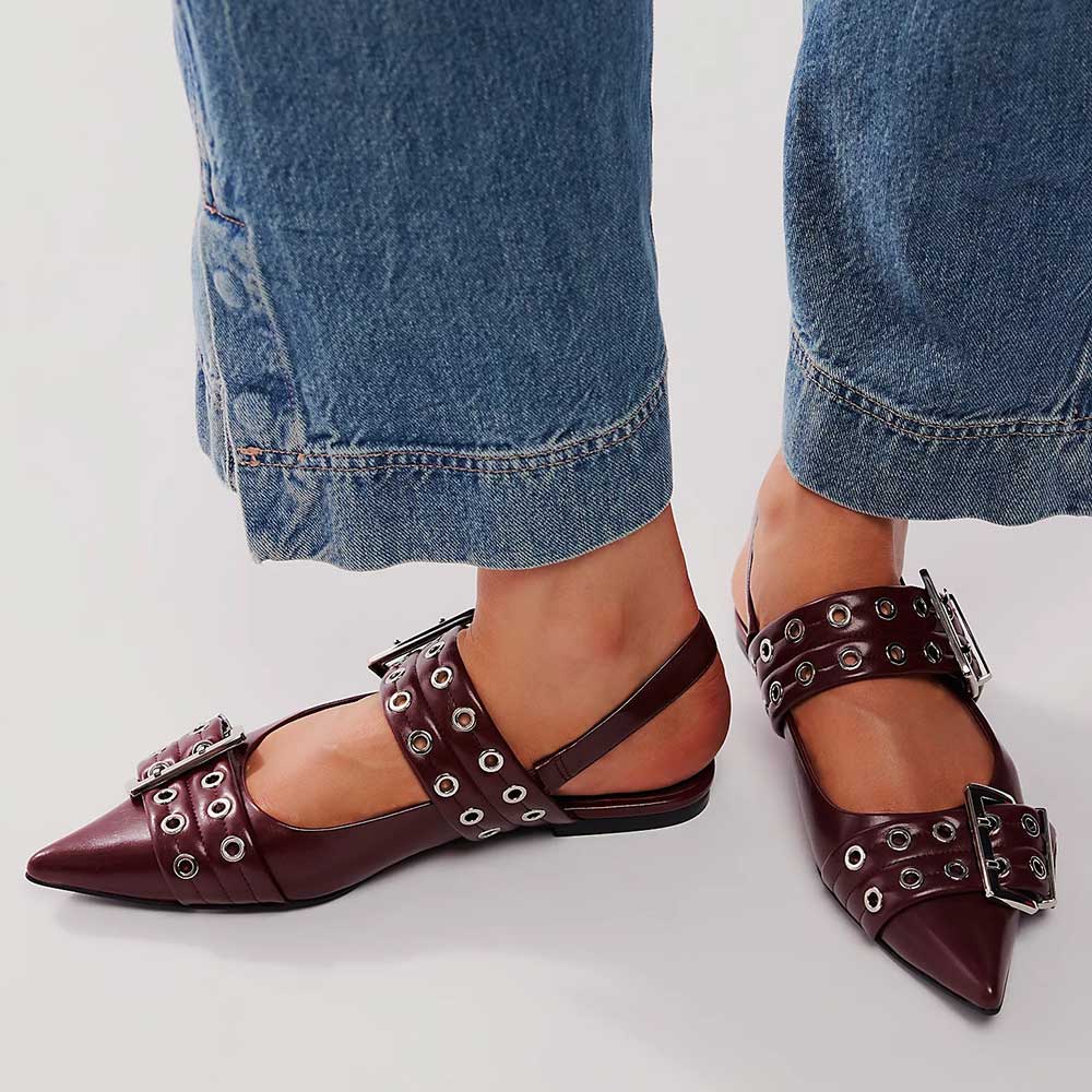 Women's Burgundy Buckle Grommet Strap Pointed Toe Slingback Flats Nicepairs