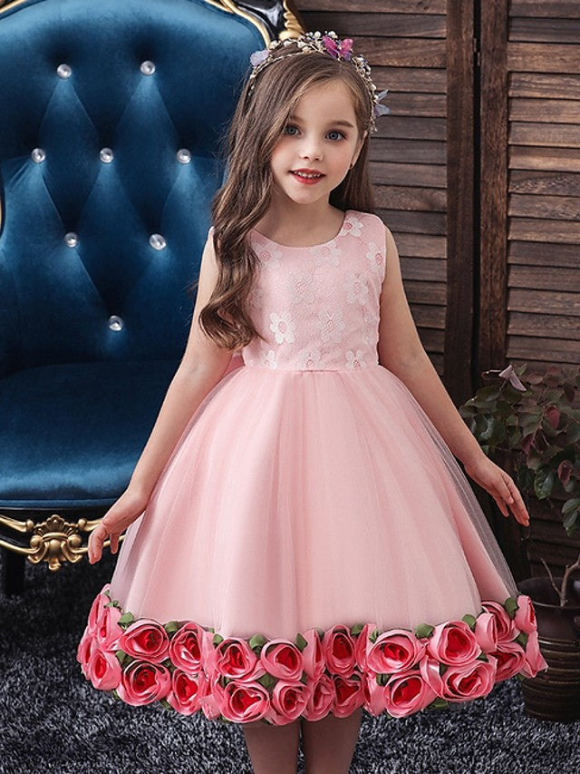Oknass Ball Gown Sleeveless Jewel Neck Flower Girl Dresses Tulle With Bow Pattern Print Flower