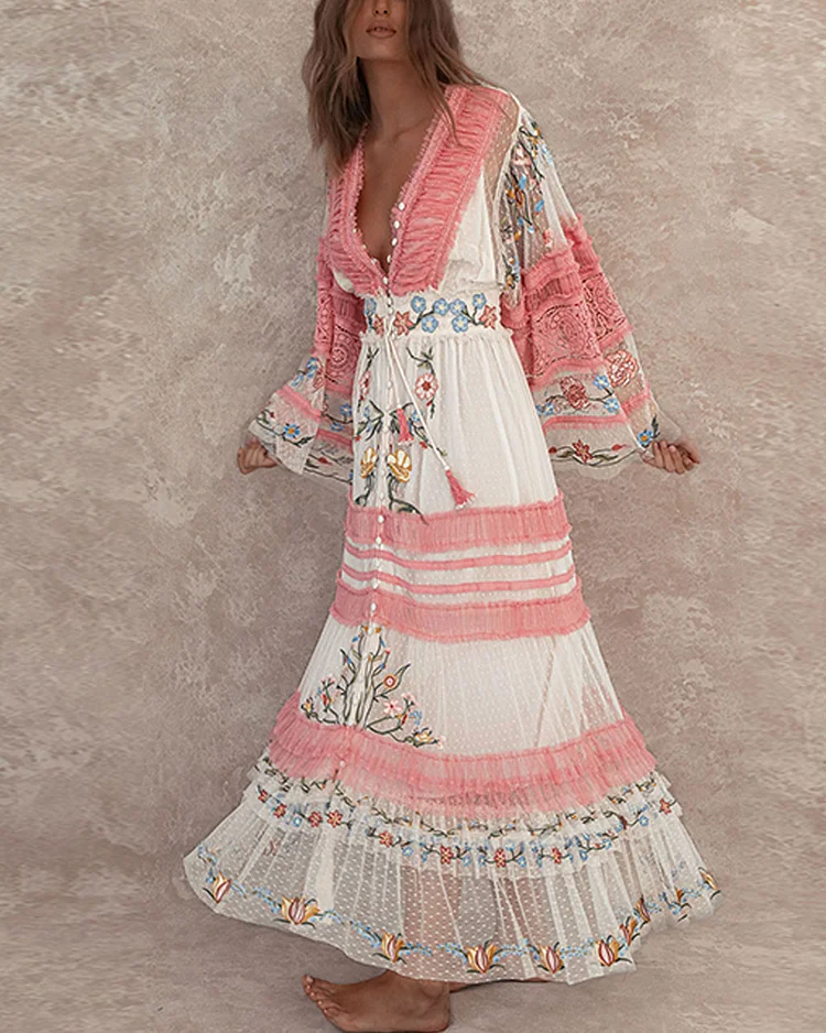 Luxe Floral Embroidery Lace Insets Kimono Sleeves Dot Mesh Tulle Dress