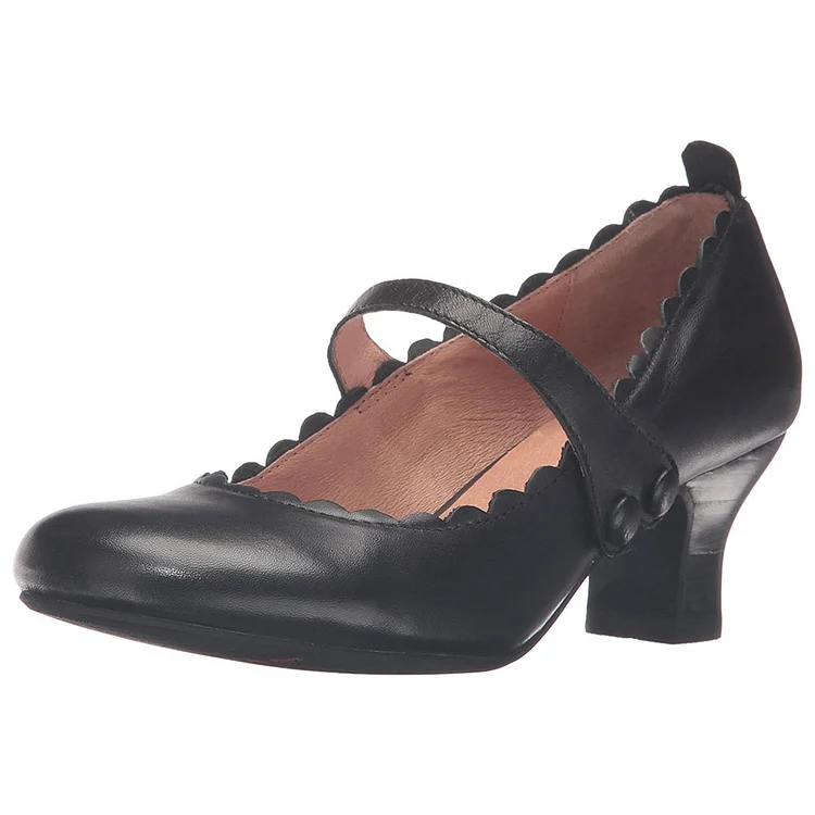 Black Wave Mary Jane Pumps Round Toe Chunky Heels Vintage Shoes |FSJ Shoes