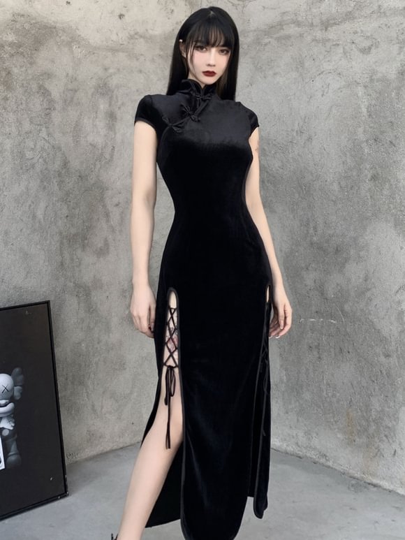 Women Gothic Maxi Dress High Collar Short Sleeve Black Polyester Split Dress Novameme