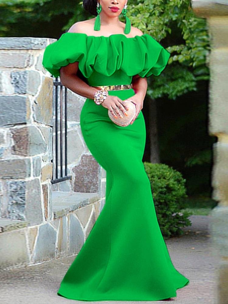 Fluffy Ruffles Decorated Off Shoulder Sleeveless High Waist Fishtail Green Dress