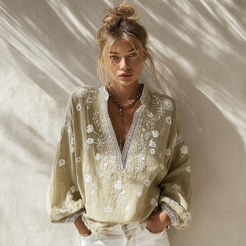 Women's White Floral Color-block Casual Long-sleeve V-neck Shirt elevenforest