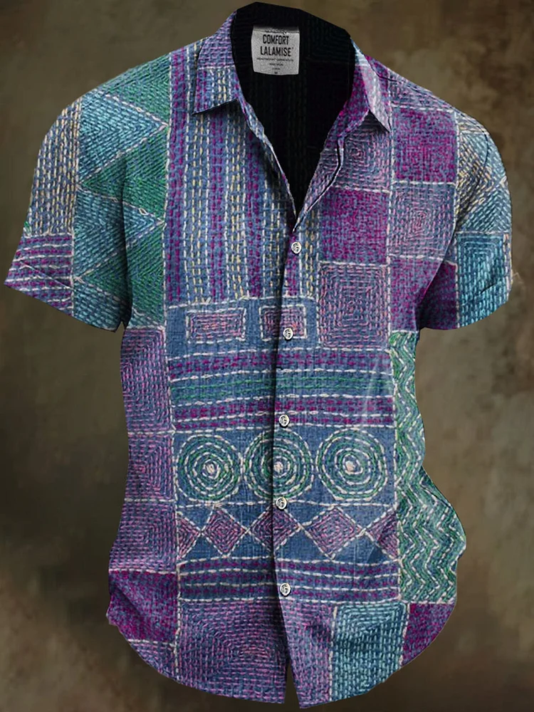 Vintage Abstrct Quilt Art Print Casual Cotton And Linen Shirt