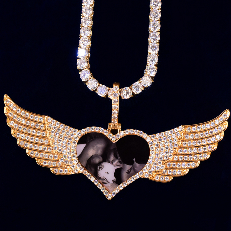 Custom Photo Heart Wing Pendant Memory Hip Hop Necklace Jewelry