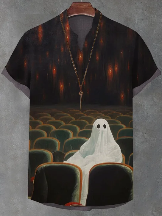 Men's Funny Ghost Watching Film Art Print V Neck T-Shirt