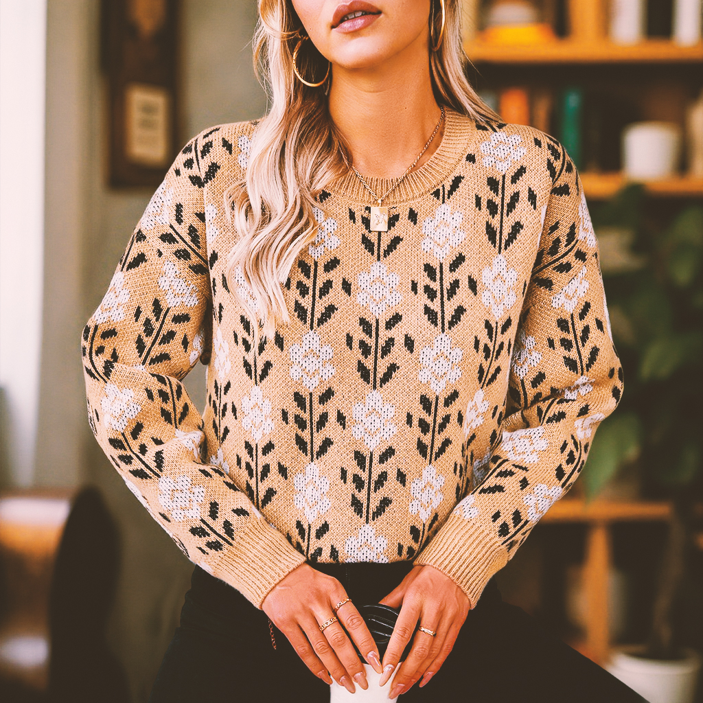Autumn And Winter New Flower Jacquard Pullover Women's Sweater Long-sleeved Knitted Sweater