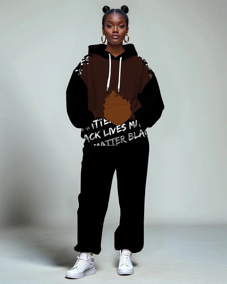 Letter Portrait Print Hoodie and Solid Color Casual Pants Set