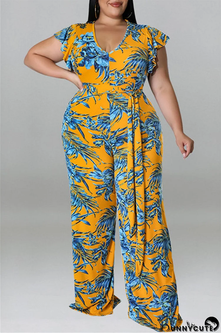 Yellow Fashion Casual Print With Belt V Neck Plus Size Two Pieces