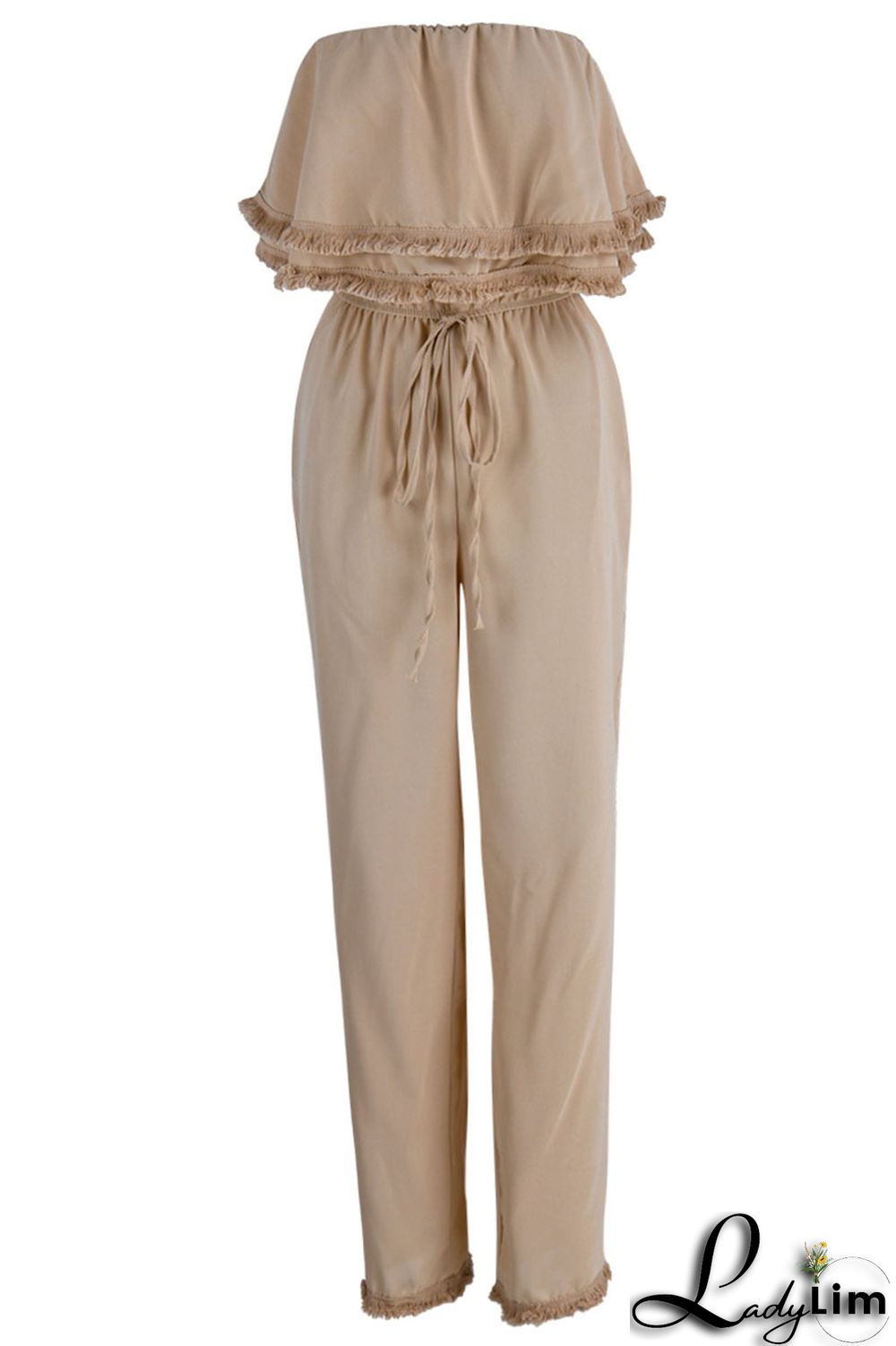 White Casual Solid Patchwork Strapless Straight Jumpsuits