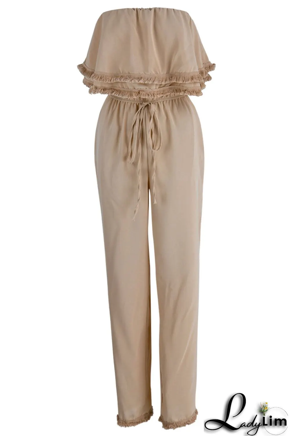 White Casual Solid Patchwork Strapless Straight Jumpsuits