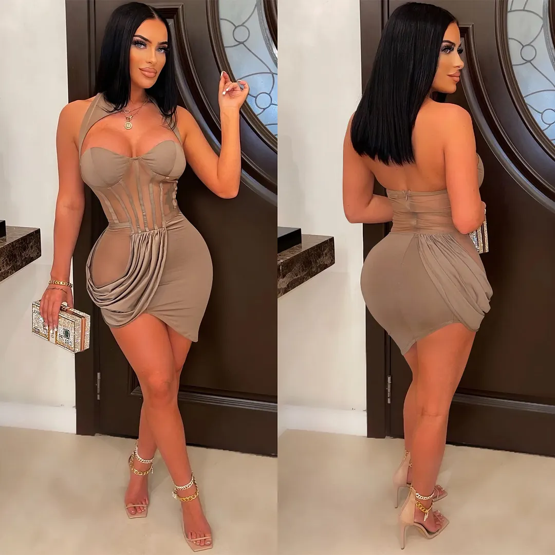 Churchf Churchf New Pure Color Mesh Gauze Perspective Wrapped Chest Wrinkles Irregular Short Dress Dress Female