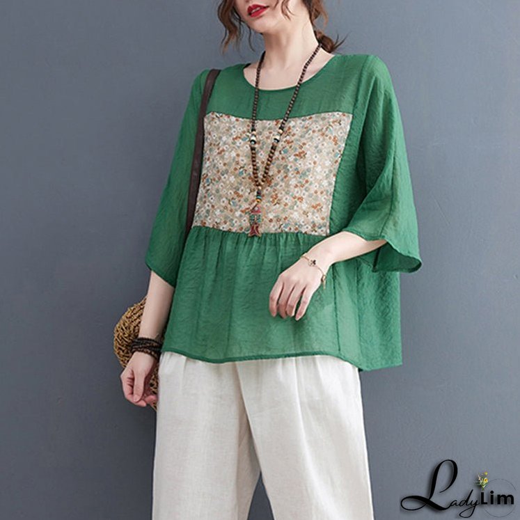 Bohemian Green O-Neck Print Tops Half Sleeve