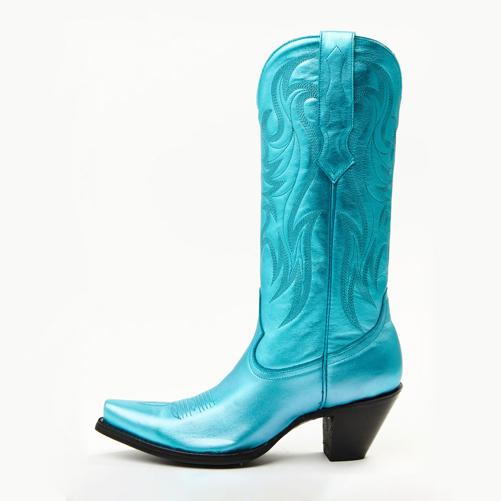 Turquoise Metallic Finish Snip Toe Knee High Cowgirl Boots with Block Heels