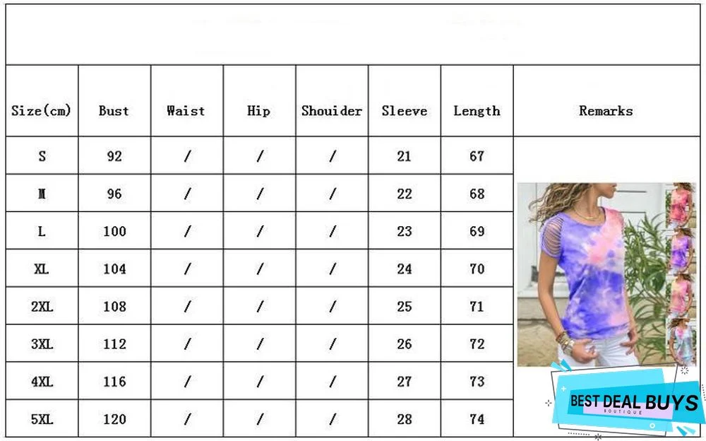 Women's Tie-dye, Hole-burning, Strapless Short-sleeved T-shirt