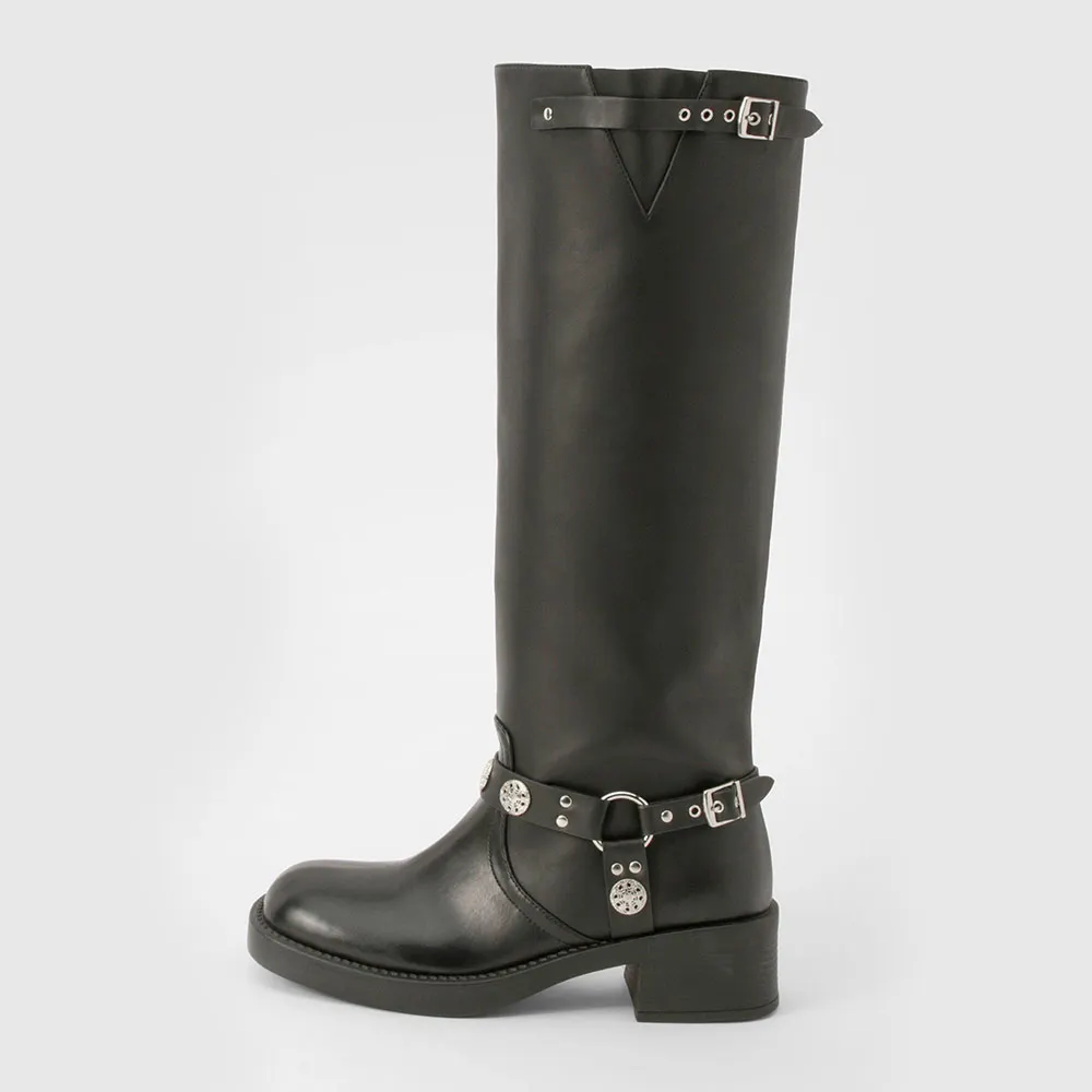 Black Square Toe Buckle Grommet Decorative Studded Knee High Boots
