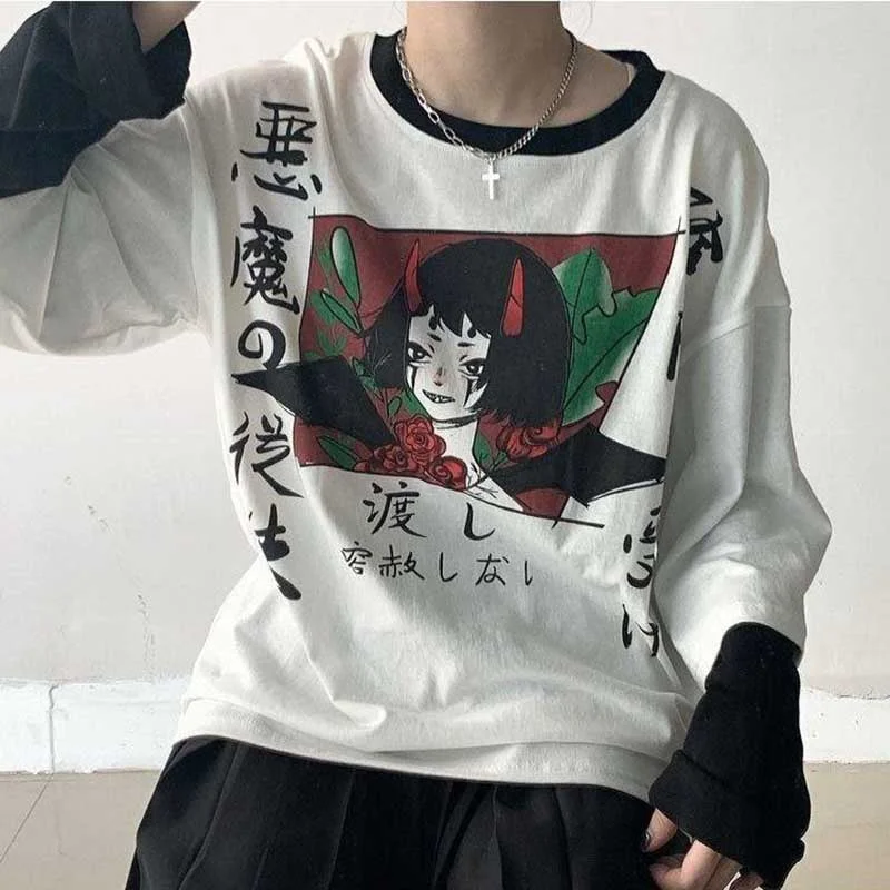 NiceMix Harajuku Streetwear Vintage White T Shirt Women Gothic Tops Kawaii Cartoon Funny Anime Printed Teen Girl Long Sleeve Tee