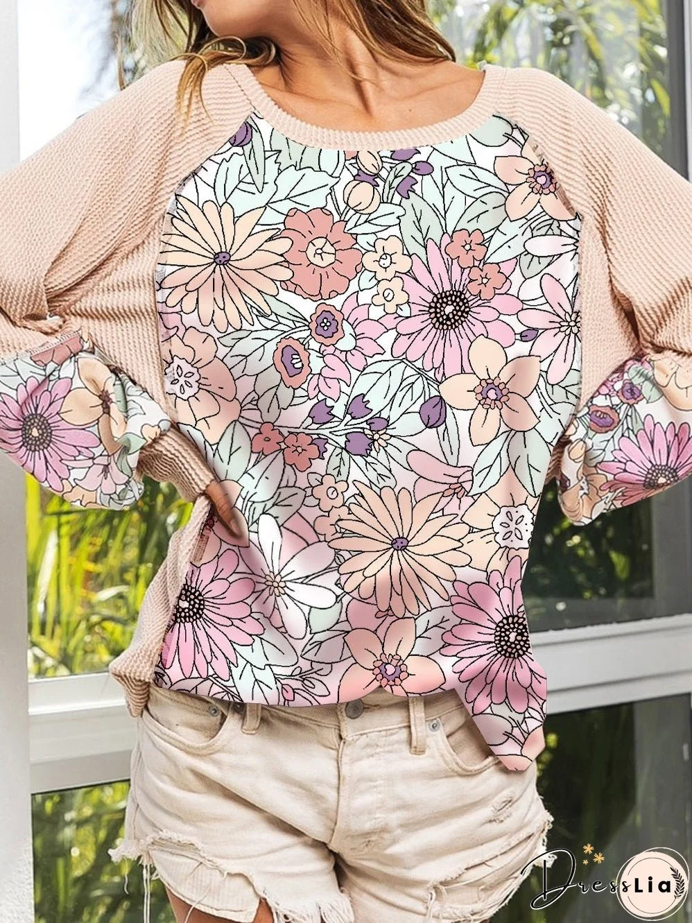 Boho Patchwork Floral Ribbed Long Sleeve Top in Oatmeal