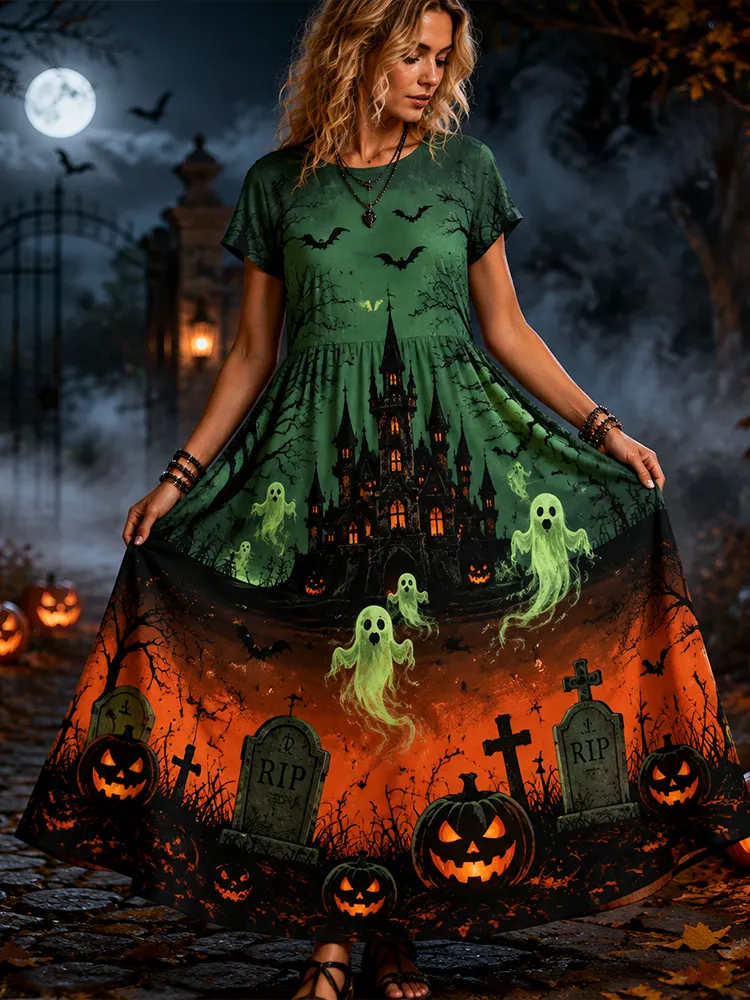 Women's Halloween Graphic Midi Dress - Haunted House, Floating Ghosts, Tombstones And Pumpkins Print Short Sleeve Dress
