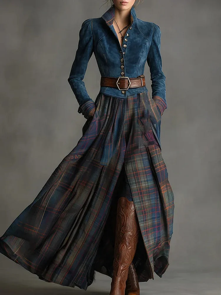 Retro Ethnic Style Blue Faux Suede Plaid Maxi Dress(Includes belt)