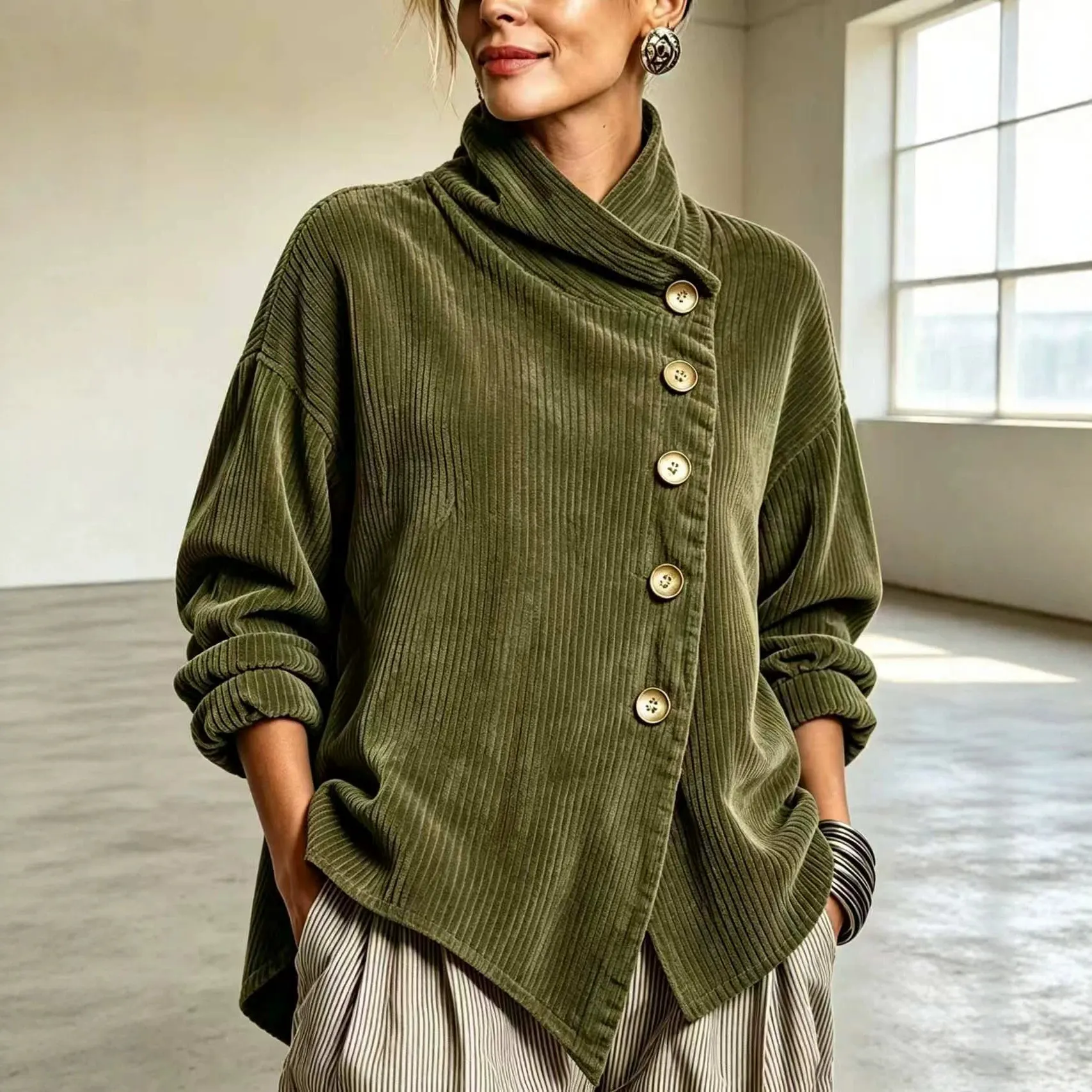 Women Corduroy Asymmetric Button Jacket