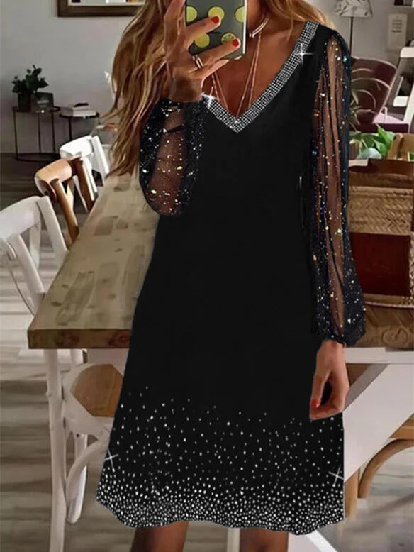 Women plus size clothing Women's Long Sleeve V-neck Lace Sequins Stitching Midi Dress-Nordswear