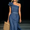  Denim Off-Shoulder Maxi Dress with Embellished Flower and Woven Bag by Inlyline