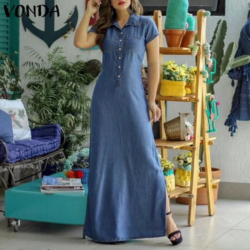 VONDA Summer Elegant Denim Dress 2022 Short Sleeve Lapel Button Down Pure Shirt Dresses Fashion Party Vestido Loose Solid Robe
