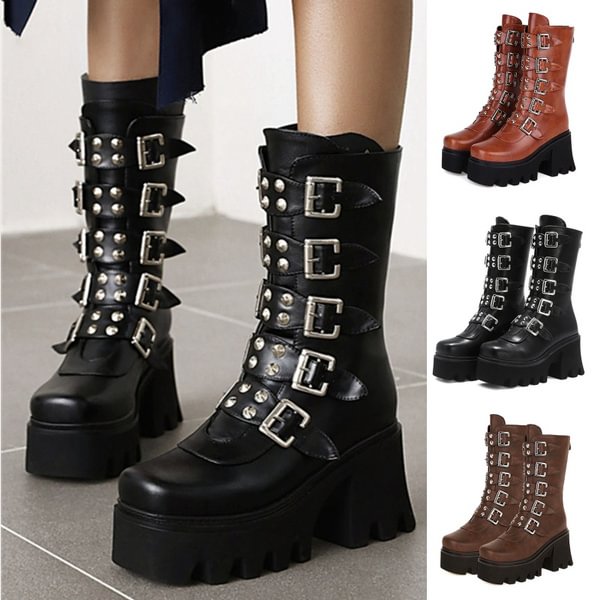 Autumn Winter Fashion Women's Platform Boots Square Buckle High Heels Motorcycle Boots Ladies Round Toe Mid-calf Boots